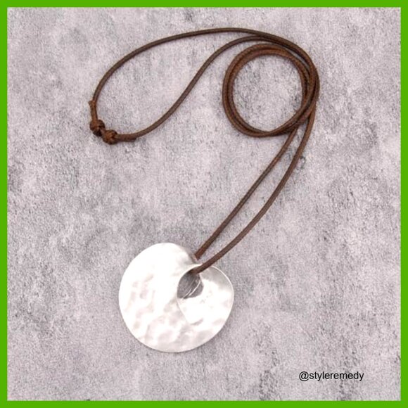 Chunky Bohemian Leather Choker Necklace, Adjustable Cord, Silver Pendant, 31.5 - Picture 5 of 7